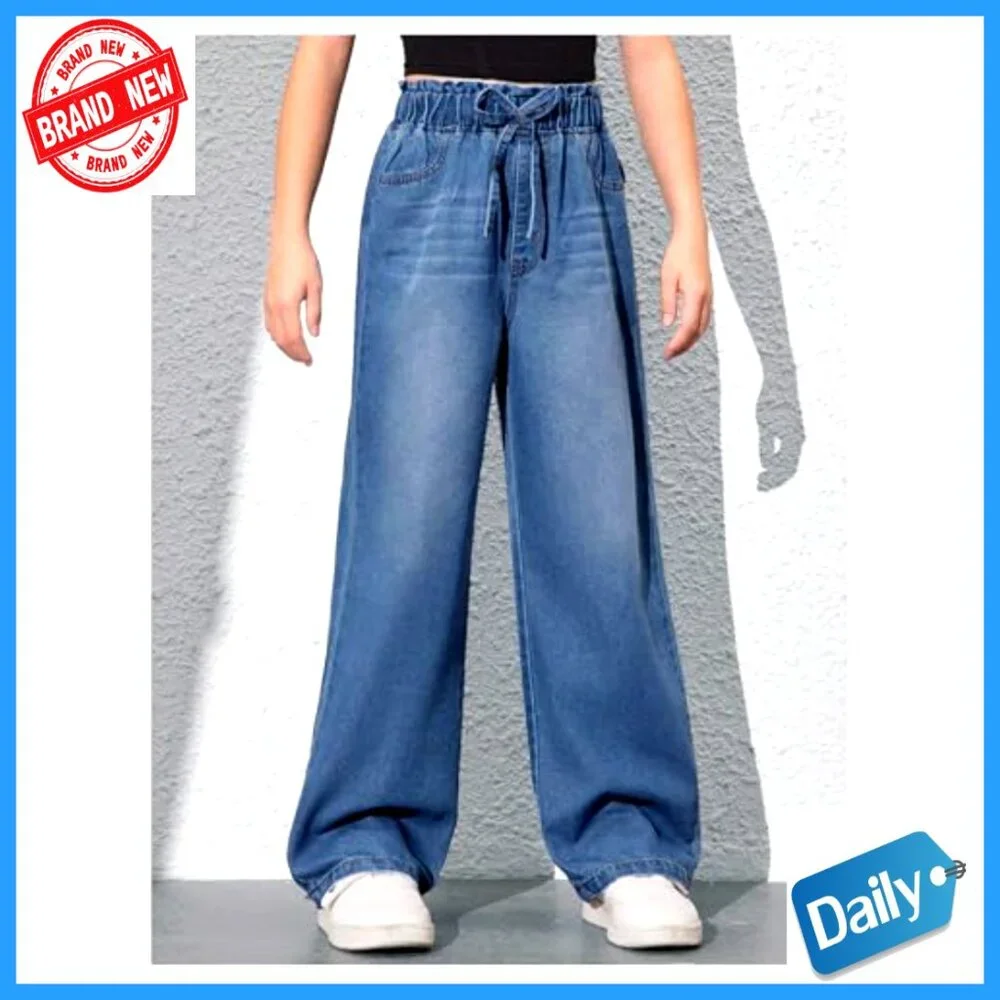 Girls Baggy Wide Leg Jeans High Elastic Waist Straight Leg Denim Pants